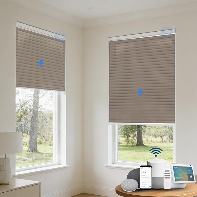 Motorized Cellular Shades with Remote, Light Filtering Smart Cellular Shades Compatible with Alexa, Honeycomb Window Blinds for Bedroom Home Office, Custom Size, Half Shading Golden Brown