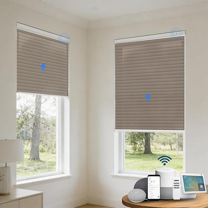 Motorized Cellular Shades with Remote, Light Filtering Smart Cellular Shades Compatible with Alexa, Honeycomb Window Blinds for Bedroom Home Office, Custom Size, Half Shading Golden Brown