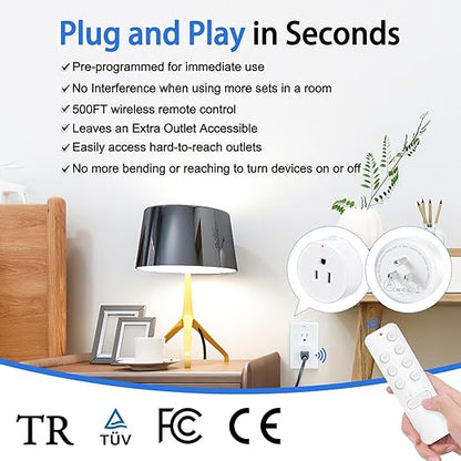 GREENCYCLE Remote Control Outlet, Remote Timer Switch, Plug in Light Switch Outlet, 500ft Range, 15A/1500W, for Lights, Fans, Christmas Lights, Household Appliance