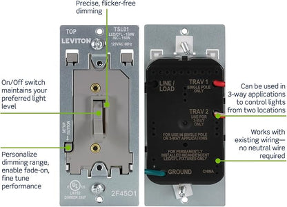 Leviton Toggle Slide LED Advanced Dimmer Switch for 150W Dimmable LED, Halogen and Incandescent Bulbs and Fixtures, TSL01-10G, Gray