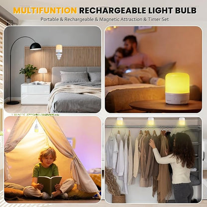 Rechargeable Light Bulb 2-Pack, Battery Operated E26 LED Bulb with Magnetic Base, RGB Color Changing + 3 Color Temps, Remote Control & Timer, Emergency & Portable Light for Power Outage Camping