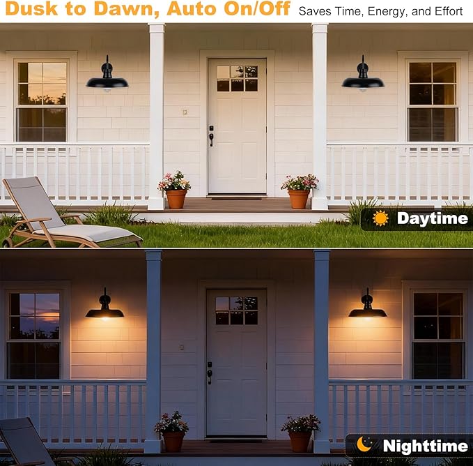 16 Inch Dusk to Dawn Gooseneck Barn Light, 2-Pack Extra Large Farmhouse Porch Lamps, Industrial Vintage Anti-Rust Stain Black Wall Mount Outdoor Fixture with Photocell for Exterior Courtyard Barn Shed