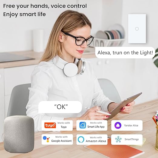 WiFi Smart Light Switch,1-Button,4.65 X 2.83 X 1.34 Inches,2.4GHz Wi-Fi Touch Switch,Neutral Wire Required,Work with Smart Life/Tuya App and Alexa,White