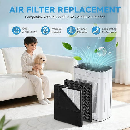 True 13 HEPA Filter Replacement Compatible with MK-AP01 / K2 / AP300 Air Purifier, H13 Grade, High Efficiency Replacement Filters for Pollen, Smoke, Dust, Pet Dander (1 Pack)