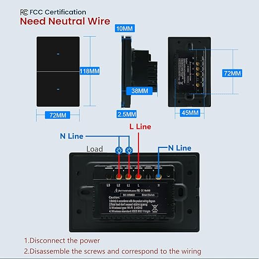 Smart Light Switch Need Neutral Wire,FCC Certified,2.4GHz WiFi Push Button Switch Compatible with Alexa,APP Control Compatible with Tuya/Smart Life,Black 2 Gang