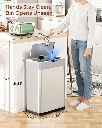 TLSUNNY 16 Gallon Motion Sensor Trash Can,Touchless Automatic Garbage Can,Brushed Stainless Steel Smart Bin,with Bag Holder,Soft Close Lid,for Kitchen,Office,RV,Bedroom,Living Room (Silver, 60L)