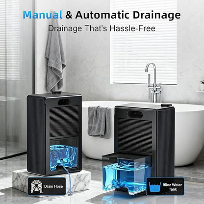 Dehumidifier for Home up to 1000 sq. ft, Small Quiet Dehumidifier with Drain Hose, 98oz Water Tank, Auto Shut Off & 7-Color Ambient Light, for Bedroom, Bathroom, Basement, Living Room (Black)