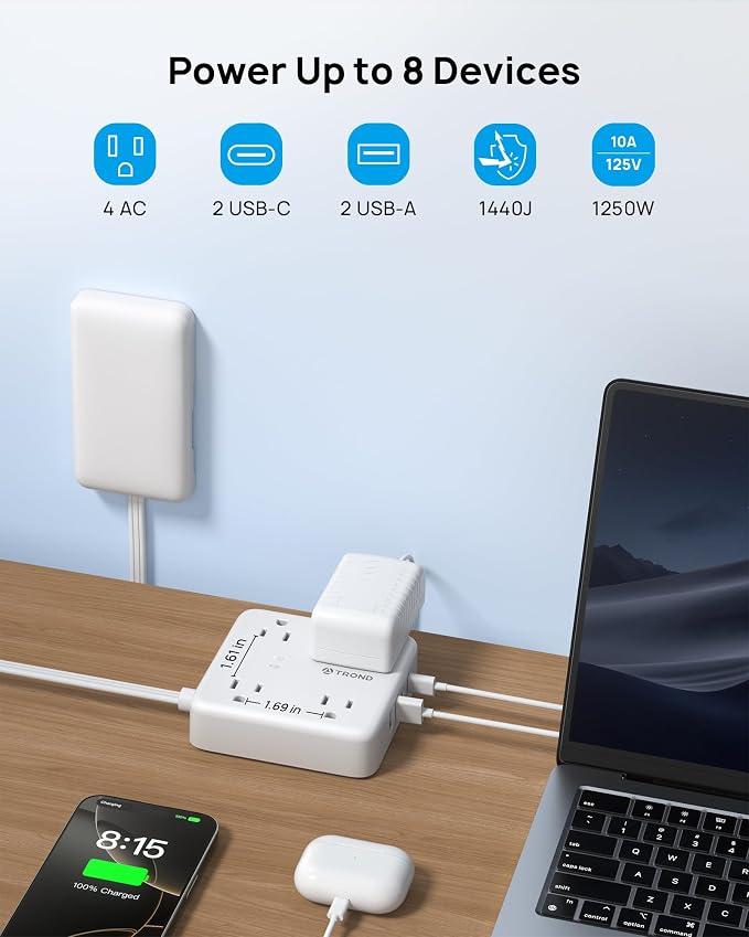 TROND 6FT Flat Plug Power Strip with Outlet Cover | Outlet Concealer Extension Cord with 4 Outlets and 4 USB Ports, 1440J Surge Protector for Home Improvement to Hide Messy