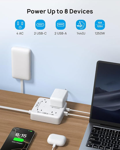 TROND Flat Plug Power Strip with Outlet Cover | 10ft Extension Cord with Multiple Outlets and 4 USB Ports, Surge Protector Outlet Concealer, Home Improvement for Hide Messy