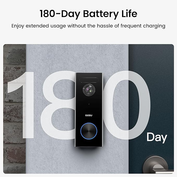 aosu Doorbell Camera Wireless, Battery-Powered Video Doorbell, 2K Resolution,Support Local Storage,166° Ultra Wide Angle,180-Day Battery Life, AI Detection, Work with Alexa & Google