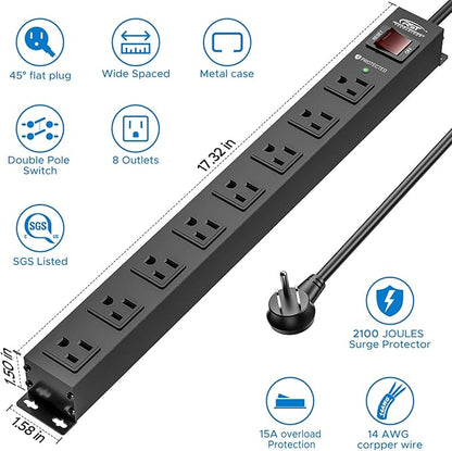 CRST 8 Outlet Metal Heavy Duty Power Strip, 2100J Surge Protector with 6FT Cord, 15A/1875W Wide Spaced Mountable Industrial Power Strip for Garage/Workshop/Office