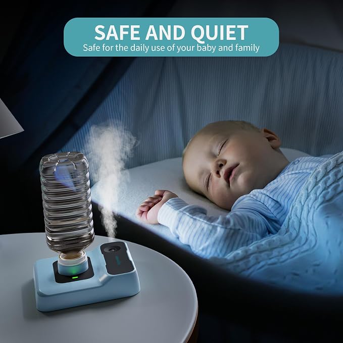 Travel Humidifier, Portable Humidifier for Plants, Bedroom, Office, Hotel or Car, Battery Operated Mini Cool Mist Humidifiers, Quiet 23dB, Auto-off, Night Light & BPA-Free, Light-Blue