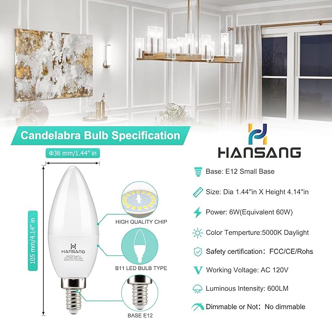 12 Pack E12 LED Candelabra Light Bulbs 60W Equivalent, 5000K Daylight White, Chandelier Bulb Small Base, 600 Lumens CRI85+ 120V Type B Candle Light, 6W B11 for Ceiling Fan, Non-Dimmable