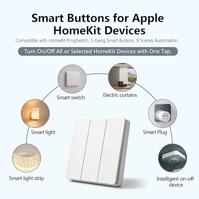 Smart Button Compatible with Apple Homekit ProgSwitch over WiFi, Instant Respopnse, More Reliable than Thread, 3-Gang Programable Switch, 9 Scenes Automation, Friendly for Kids, Seniors, Visitors