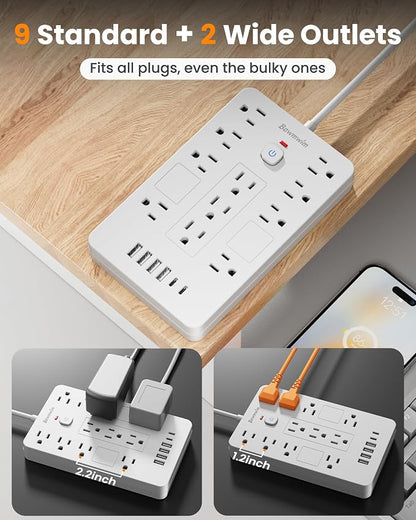 Surge Protector Power Strip - 11 Outlets(1850W/15A/14AWG) with 6 USB Ports(2 USB C), 15FT Flat Plug Extension Cord, Wall Mount, White, ETL Listed for Home, Dorm Room