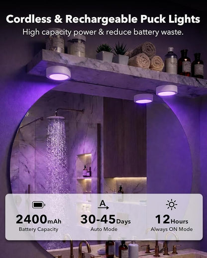 Radar Motion Sensor Puck Lights Rechargeable, Wireless RGB Under Cabinet Lighting with Remote, Color Changing Night Lights USB Magnetic Push Light for Stairs, Shelf, Showcase, Bookcase, Display
