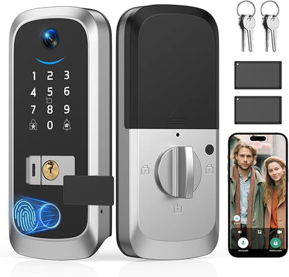 Video Smart Lock with Camera, Built-in Rechargeable Lithium Battery Entry Keyless Door Lock, App Control, Fingerprint ID, IC Card, Keypad Code, Auto Lock for Front Door (Silver)