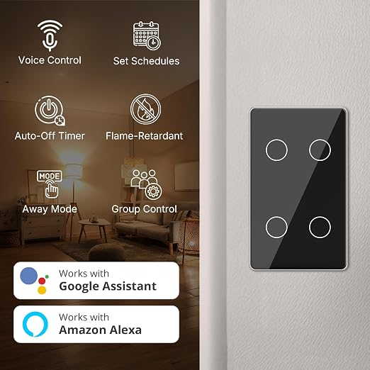2.4GHz WiFi Smart Touch Wall Single Fire Smart Light Switch, Need Neutral Wire, Glass Panel Light Switch Work with Smart Life/Tuya App, Alexa and Google Home (Black 4 Gang)