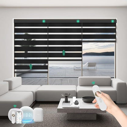 Motorized Zebra Blinds with Remote, Work with HomeKit Alexa Automatic Electric Window Shades 95% Blackout Light Filtering for Smart Home and Office, Customized Size Equinos Black
