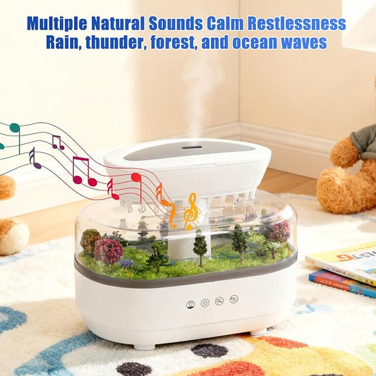Rain Cloud Humidifier Diffuser with Natural Rain Sounds Ocean Waves Crackling Fire 7 Color Night Light 250mL Large Tank Quiet Operation 4-8 Hour Timer Auto Shut Off for Bedroom Sleep Office Relaxation