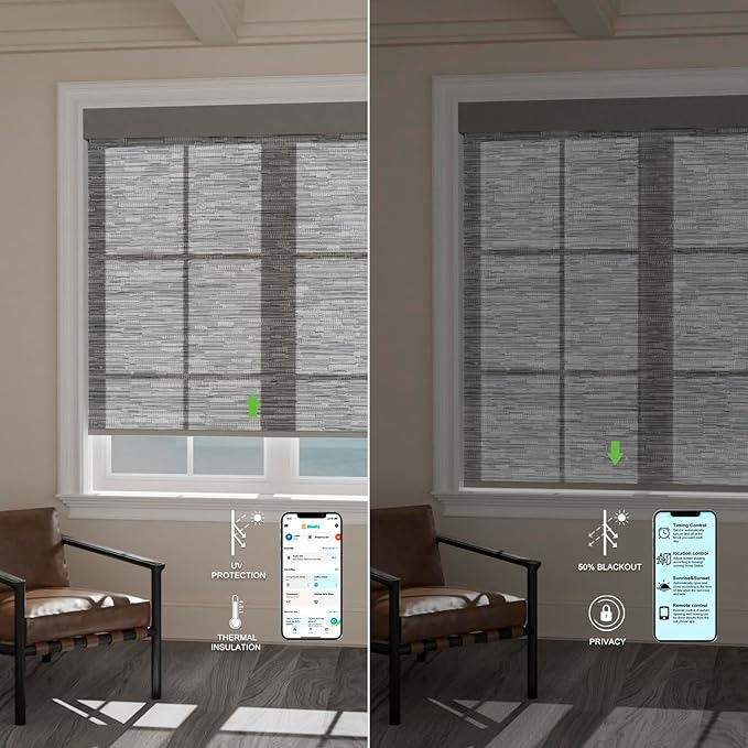 Motorized Blinds with Remote [Light Filtering] Smart Blinds Compatible with Alexa Google HomeKit, 60% Blackout Automatic Roller Shades for Indoor Windows, Customized Size, Wavy Somky Gray