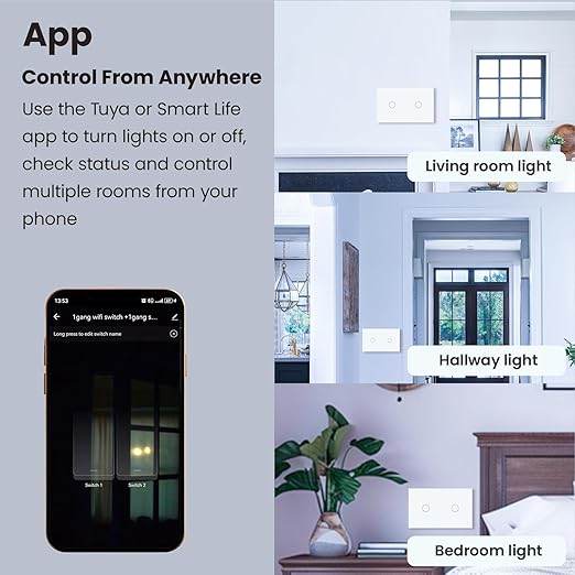 Smart Switch 118X72X34MM Neutral/No Neutral Wire Required, 2.4GHz Wi-Fi,Compatible with Alexa and Google Home 220V, White 2 Gang 1 Pack