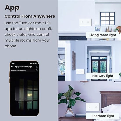 Smart Switch 118X72X34MM Neutral/No Neutral Wire Required, 2.4GHz Wi-Fi,Compatible with Alexa and Google Home 220V, White 2 Gang 1 Pack