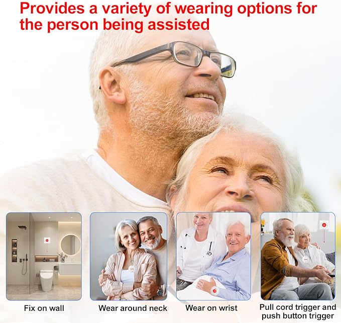 XUK WiFi SOS Caregiver Pager Call Button for Elderly, No Monthly Fee 2.4GHz Wi-Fi APP Control Wireless Nursing Call System with 2 SOS Call Panic Buttons & 2 Watch Pagers & 2 Square Pull Cord Pagers