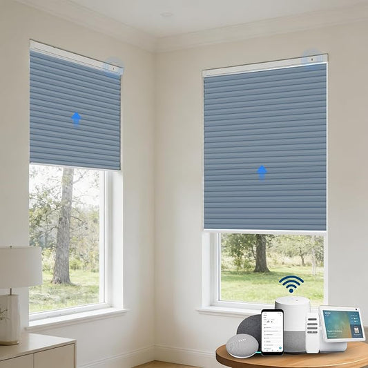 Motorized Cellular Shades with Remote, Blackout Smart Cellular Shades Compatible with Alexa, Cordless Honeycomb Window Blinds for Bedroom Home Office, Custom Size, Blackout Blue