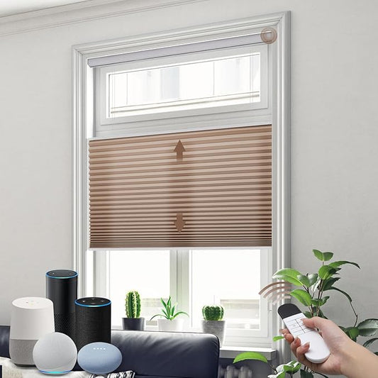 Godark Motorized TDBU Cellular Shades with Remote Control Smart Honeycomb Blinds Compatible with Alexa Google Home Smarthings Custom Double Cellular Light Filtering for Indoor Windows Doors-Brown