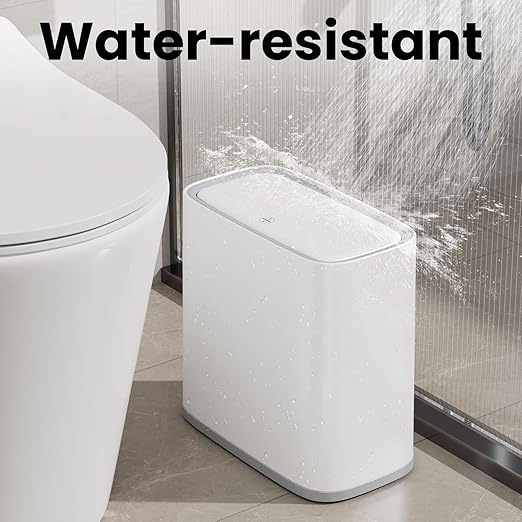 Slim Bathroom Trash Can with Lid and Wheels, 2.1 Gallon Small Garbage Can - Air-Press Bag Expander, Inner Bucket, Odor & Pet Proof, Press Top, Plastic Trash bin for Kitchen, Office, Bedroom,Toilet, RV