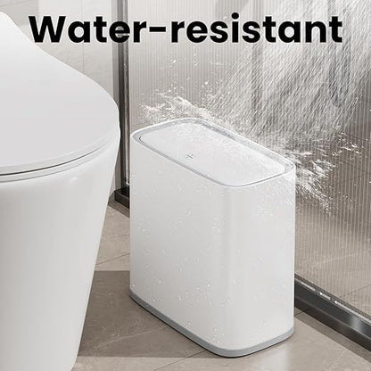 Slim Bathroom Trash Can with Lid and Wheels, 2.1 Gallon Small Garbage Can - Air-Press Bag Expander, Inner Bucket, Odor & Pet Proof, Press Top, Plastic Trash bin for Kitchen, Office, Bedroom,Toilet, RV