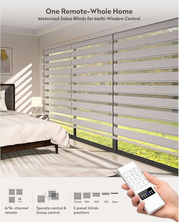 ACMEART Motorized Zebra Blinds,Smart APP & Remote Control 100% Blackout Shades,Compatible with Alexa,Custom Size Electric Window Blinds for Bedroom/Home/Office (Pearl White)