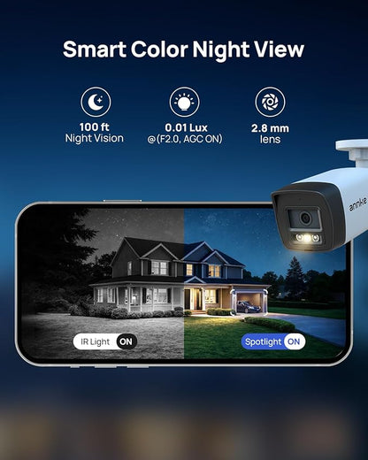 ANNKE H500 8CH 4pcs 3K 5MP Camera PoE Security System, Red and Blue Light Alarm, H.265+ NVR with 2TB HDD, Outdoor Bullet Cam, Color Night Vision, 2-Way Audio, Smart Motion Detection, Works with Alexa
