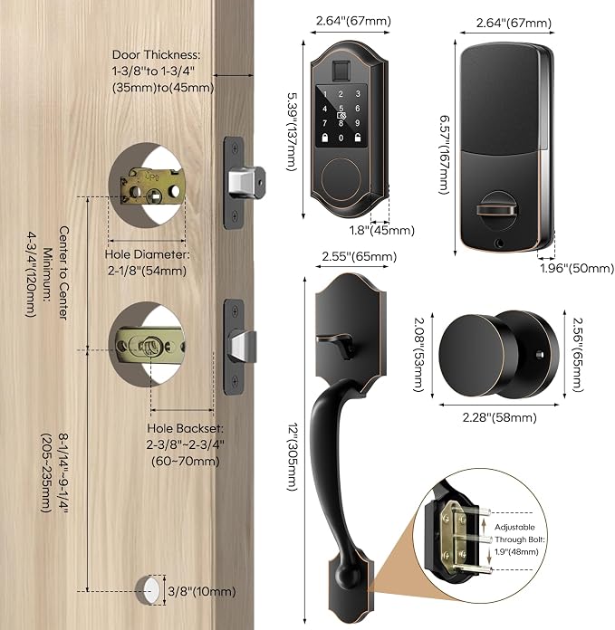 Smart Door Lock Set, Fingerprint Keyless Entry Door Lock with Interior Knob, Smart Locks for Front Door -APP Control, Front Door Lock Set with Keypad and Deadbolt, Auto-Lock, Oil Rubbed Bronze