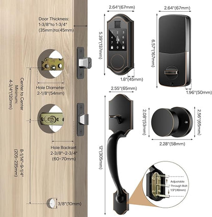 Smart Door Lock Set, Fingerprint Keyless Entry Door Lock with Interior Knob, Smart Locks for Front Door -APP Control, Front Door Lock Set with Keypad and Deadbolt, Auto-Lock, Oil Rubbed Bronze