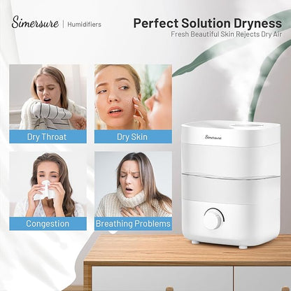 SimerSure Top Fill Humidifier, 2L Water Tank for Bedroom, 28H Long Lasting New White Air Humidifier for Large Room, Ultra Quiet 25dB Cool Mist for Baby, Plants, Office, Easy to Clean & Fill