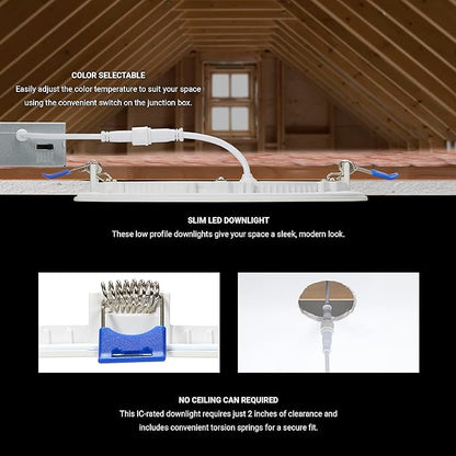 Maxxima 6 in. 5 CCT Ultra-Thin Recessed LED Downlight 1050 Lumens, Color Selectable 2700K-5000K (2700K/3000K/3500K/4000K/5000K), Canless, IC Rated, Slim, Dimmable, Junction Box Included