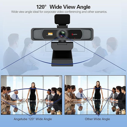 Angetube Wide Angle 4K Webcam for PC - 120° FOV, PDAF Autofocus, 2 Noise-Cancelling Mics, 1080P@60FPS, Auto Light Correction, USB-A/C, Privacy Cover, Video Conference Camera for Mac Laptop and Desktop