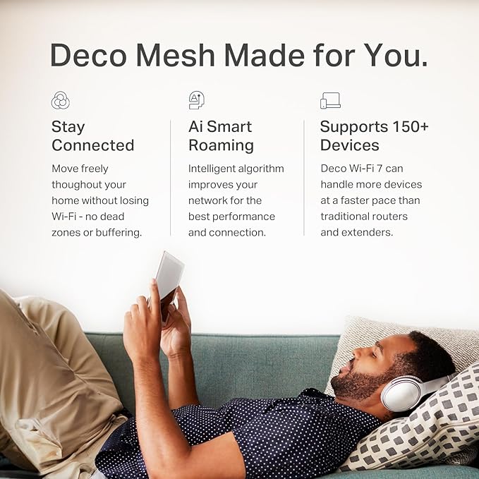 TP-Link Deco 7 BE25 Dual-Band BE5000 WiFi 7 Mesh Wi-Fi System | 4-Stream 5 Gbps, 240 Mhz | Covers up to 6,600 Sq.Ft | 2X 2.5G Ports Wired Backhaul | VPN,MLO, AI-Roaming, HomeShield, 3-Pack