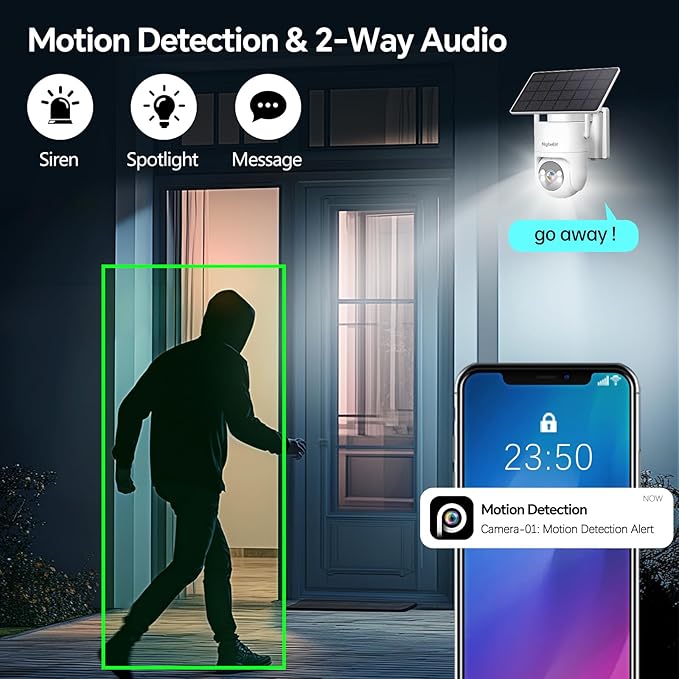 4G LTE Solar Security Camera, 2K Color Night Vision, No WiFi Needed,8W Solar & Battery Powered, Low Power, 24/7 AOV Recording,355° PTZ, AI Human Detection, IP66 Waterproof (White, 1 Lens)