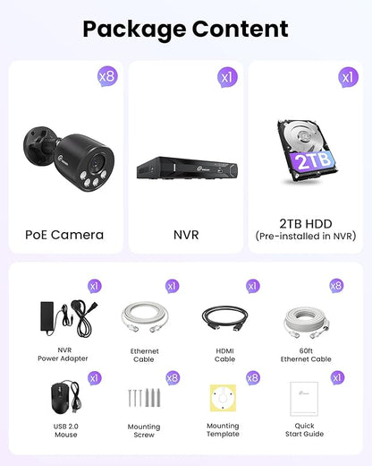 Loocam NVR Security Camera System 8CH 8MP with 2TB HDD, 8pcs 4K POE IP Cameras for Home Security, AI Human/Vehicle Detection, 24/7 Recording POE Camera System, Remote Access, Plug & Play