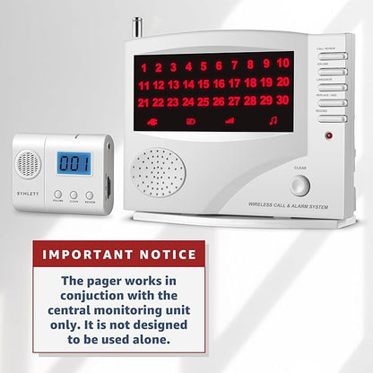 Wireless Caregiver Pager with LCD Number Monitor Alert Tone Silent Mode Compatible with SYNLETT Wireless Nurse Call System Caregivers Nurses Service Staff Must Pair to CMU to Function