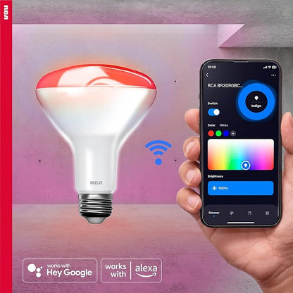 RCA WiFi LED Smart Light Bulbs 2-Pack, BR30 Indoor Flood Light 9W 60W Equivalent, Alexa Devices Compatible, Google Home, Dimmable Tunable White & Color Changing Lightbulb, 720 Lumens E26
