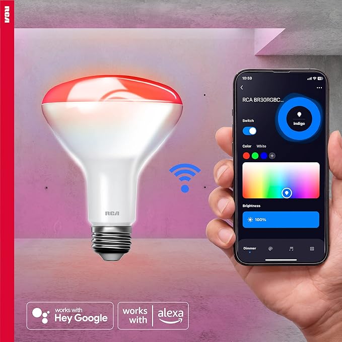 RCA WiFi LED Smart Light Bulb, 1-PK | Indoor Flood Light, 9W (60W Equiv) Multicolor & White LED Light Bulb, Dimmable & Tunable BR30 Smart Bulb, Google & Alexa Light Bulb Compat, Control from Anywhere