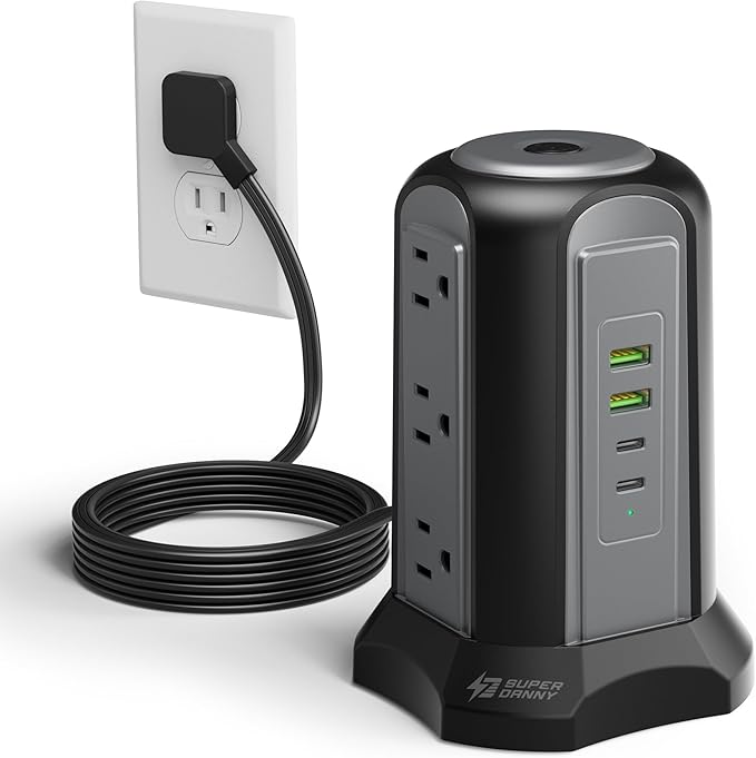 Power Strip Tower Surge Protector, SUPERDANNY Desktop Charging Station, 6.5 Ft Flat Plug Extension Cord, 9 Outlets, 4 USB (2 USB-C), 1080J, Multiple Protections Outlet Extender for Home, Office, Dorm