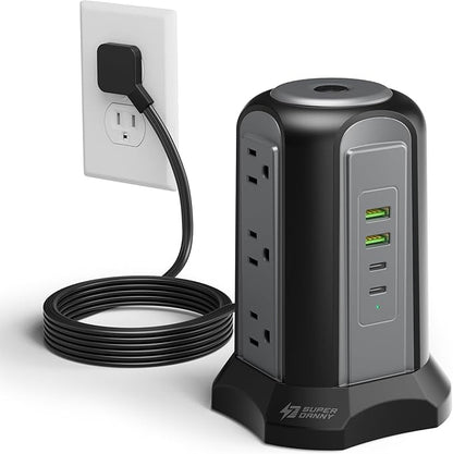 Power Strip Tower Surge Protector, SUPERDANNY Desktop Charging Station, 6.5 Ft Flat Plug Extension Cord, 9 Outlets, 4 USB (2 USB-C), 1080J, Multiple Protections Outlet Extender for Home, Office, Dorm