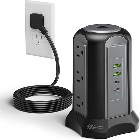 Power Strip Tower Surge Protector, SUPERDANNY Desktop Charging Station, 6.5 Ft Flat Plug Extension Cord, 9 Outlets, 4 USB (2 USB-C), 1080J, Multiple Protections Outlet Extender for Home, Office, Dorm