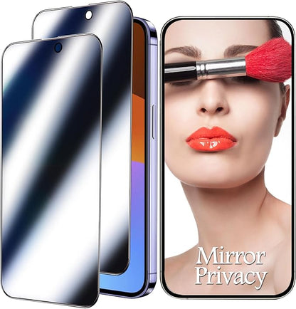 Compatible with iPhone 15 Pro Privacy Screen Protector Mirror Tempered Glass Mirrored Effect Anti-Spy Easy Installation Frame Full Coverage shatterproof Anti-Scratch 2 Pack (6.1 inch Silver)