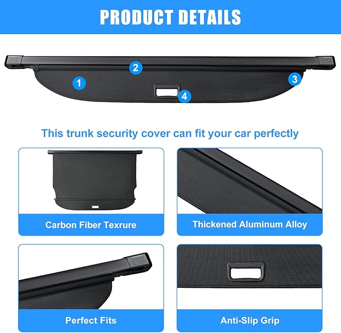 AUXKO Retractable Cargo Cover for Hyundai Palisade 2025 2024-2020 with 4PCS Headrest Hooks, Trunk Cover Luggage Security Shade Cover Shielding Shade Anti-Peeping Luggage Privacy Screen, Carbon Fiber